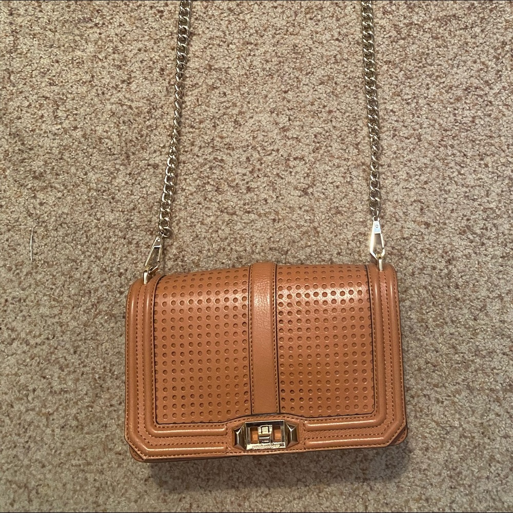Rebecca Minkoff Love Perforated Crossbody Brown Leather Gold Hardware